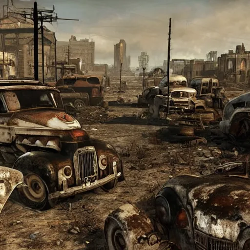 Prompt: a post apocalyptic wasteland with crumbling buildings, vintage cars, and rubble strewn about in the style of Fallout New Vegas by Bethesda Game Studios