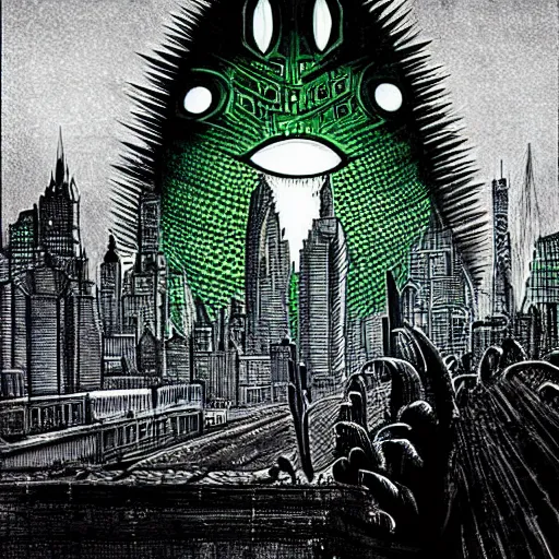 Image similar to by nick walker, by david a. hardy deep green, shaders lush. a beautiful illustration of a large, monster looming over a cityscape. the monster has several eyes & mouths, & its body is covered in spikes. it seems to be coming towards the viewer, who is looking up at it in fear.