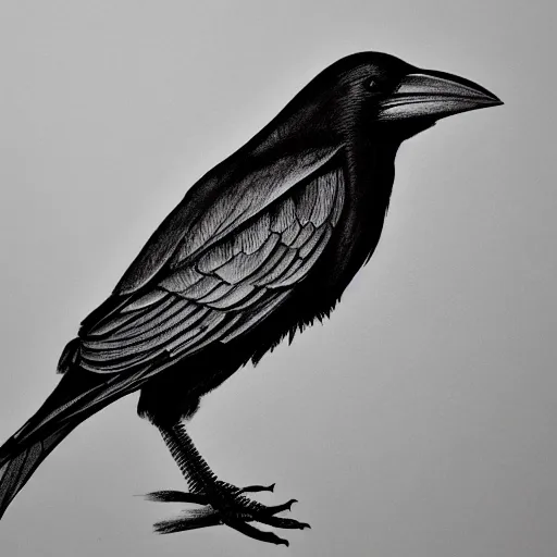 Prompt: detailed crow illustration, full body, black ink on white paper, sketched 4k