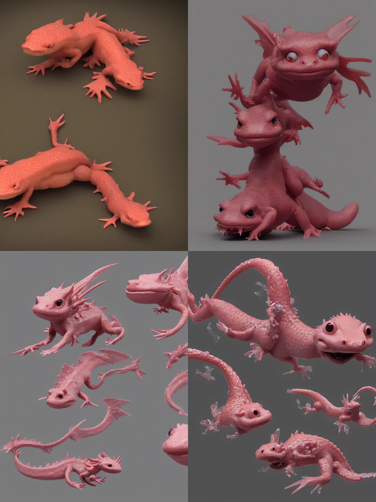 Prompt: character design of a baby axolotl dragon, trending on Artstation, 3d, Cgi, rendered in octane, substance painter, subsurface scattering