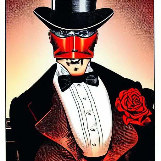 Image similar to portrait of a steampunk cyborg gentleman wearing a red top hat by Brian Bolland