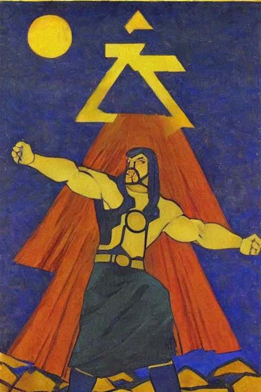 Image similar to thor, marvel, artwork by nicholas roerich,