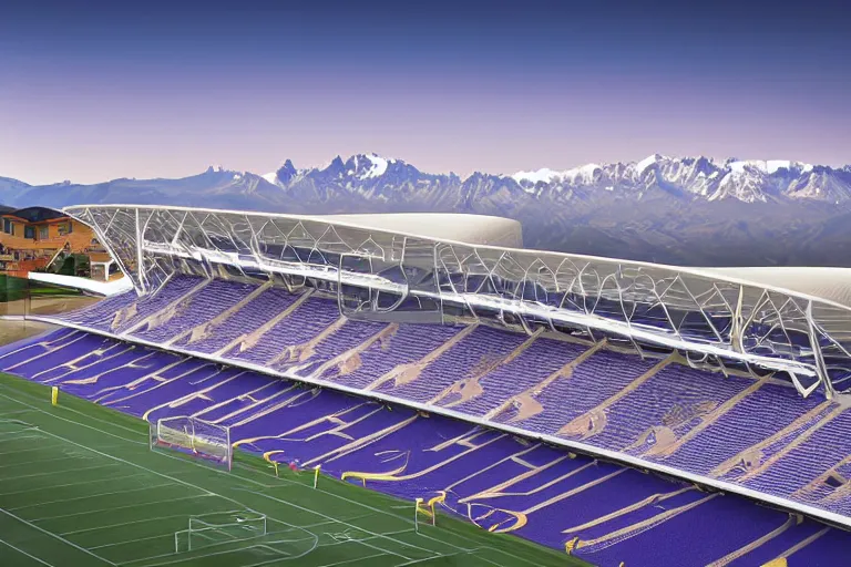 Image similar to architecture photo modern fachwerk football stadium with Elbrus mountain on the background, architecture, photorealism 8k , shining and happy atmosphere, uplight, high details