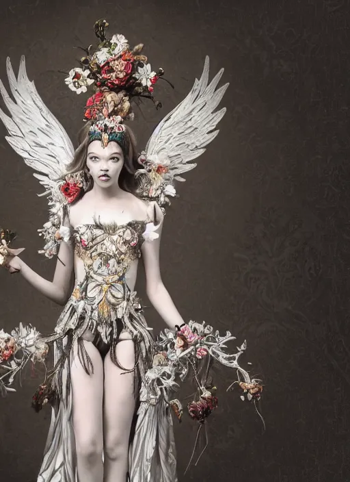 Image similar to full body environmental portrait photo of anya taylor - joy as angel, ornate headpiece made from flowers, ornaments, glamour shot by gemmy woud - binnendijk, chris knight, photorealistic, canon r 3, fashion photography, ornate, elegant, luxury and elite, symmetrical features, octane render, unreal engine, solid dark grey background, dramatic lights