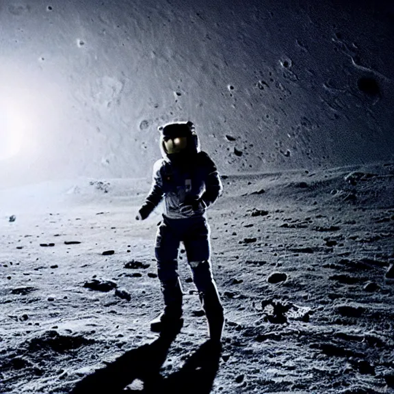 Image similar to dustin bates from starset band in sci fi uniform doing an epic cinematic pose on the moon, highly detailed, my demons video, masterpiece