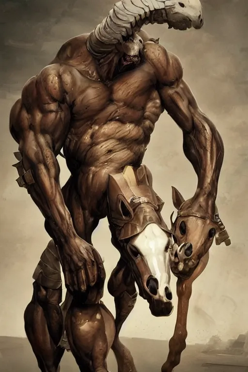 Image similar to splash art of a monstrously buff and muscular anthropomorphic horse at a research facility of experimental combat troopers, experimental tight bodysuit, leather clothes, full body, highly detailed, digital painting, trending on artstation, concept art, sharp smooth focus, illustration, art by artgerm and greg rutkowski and alphonse mucha