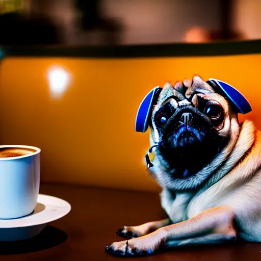 Prompt: film still medium shot a pug wearing a vr headset in a coffee shop, leica sl 2 5 0 mm, vivid color, high quality, high textured, real life