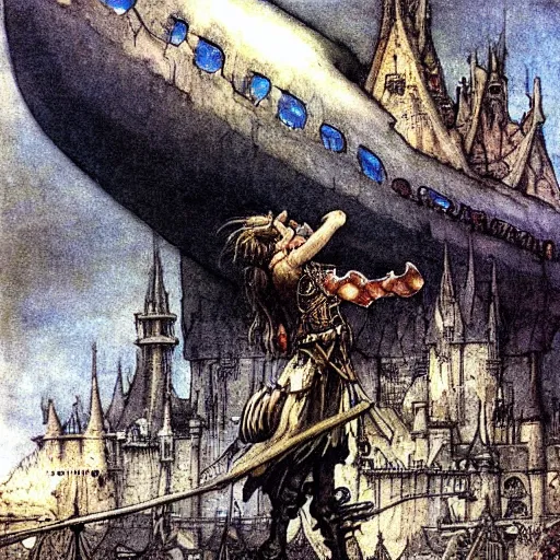 Prompt: Fantasy village, the inhabitant looking up at the sky. The sky is completely covered to the horizon by an incredibly giant airship-like ship. Extremely high detail, realistic, medieval fantasy art, masterpiece, Arthur Rackham art, art by Boris Vallejo, Frank Frazetta.