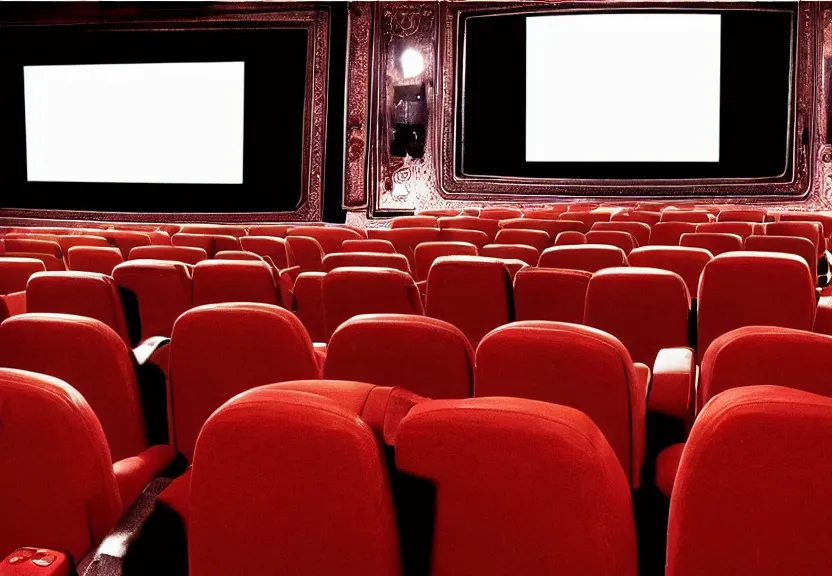 Prompt: in a theater cinema big laughing face on screen realistic light 3 5 mm blockbuster