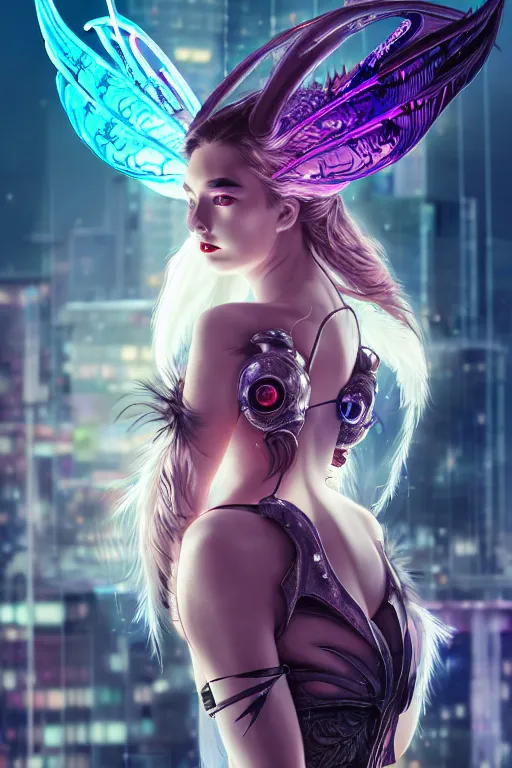 Image similar to portrait futuristic Devil Girl with horns and wings and feathers and armor , in future cyberpunk tokyo rooftop , ssci-fi, fantasy, intricate, very very beautiful, elegant, human anatomy, human structure, neon light, highly detailed, digital painting, artstation, concept art, smooth, sharp focus, illustration, art by tian zi and WLOP and alphonse mucha