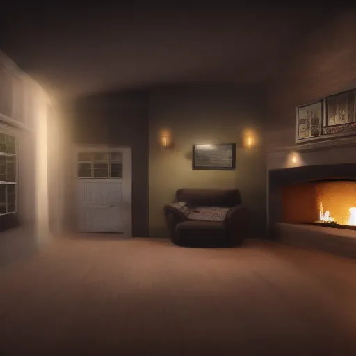 Image similar to wide shot of an almost pitch black dark family room in a house, night, 8K, 4K, digital art