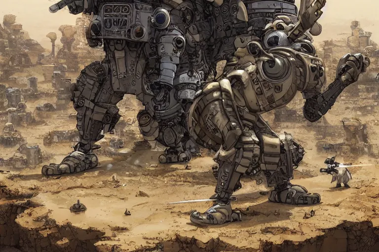 Image similar to anthropomorphic rodent with white and black ancestral ornate japanese tactical gear on an abandonment desert planet, high intricate details, long shot, rule of thirds, golden ratio, graphic novel by fiona staples and dustin nguyen, by beaststars and orange, peter elson, alan bean, studio ghibli, makoto shinkai