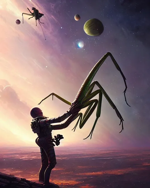 Image similar to a giant praying mantis in space eats planet, photo realistic, epic composition, epic light, high details by greg rutkowski and mark marc simonetti, game art, movie poster