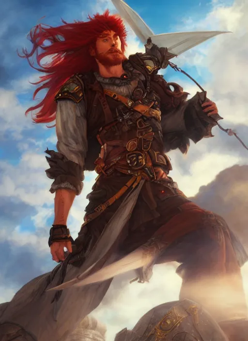 Prompt: an epic fantasy comic book style portrait painting of a long haired, red headed male sky - pirate in front of an airship, krenz cushart, unreal 5, daz, hyperrealistic, octane render, cosplay, rpg portrait, dynamic lighting