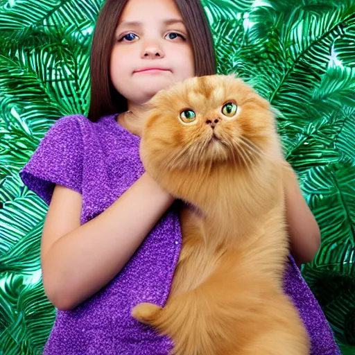 Image similar to portrait photo of a slim girl with 1 0 year old, light brown hair, brown eyebrows, brown eyes, pretty eyelashes, holding an orange persian cat sitting in a queen size bed, daylight from big window with an araucaria tree outside, green and light purple flowers wallpaper