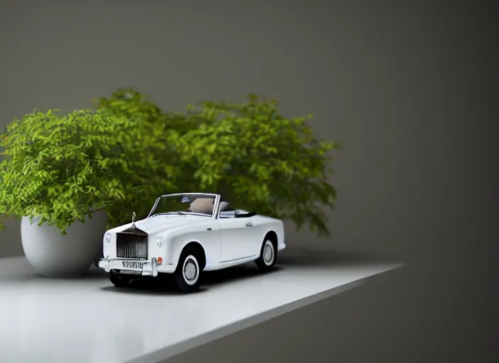 Image similar to a small miniature of a Rolls Royce Corniche Cabrio on a white table near a vase with a plant, 3d render, octane render, unreal engine 5, path tracing, serene landscape, calm, relaxing, beautiful landscape, highly detailed, high quality, 4k, symmetrical, low contrast