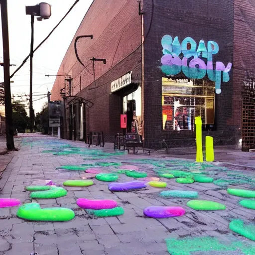 Image similar to a sidewalk covered in soap in front of a soap factory with a lit neon sign saying'soap factory ', bubbles float through the air