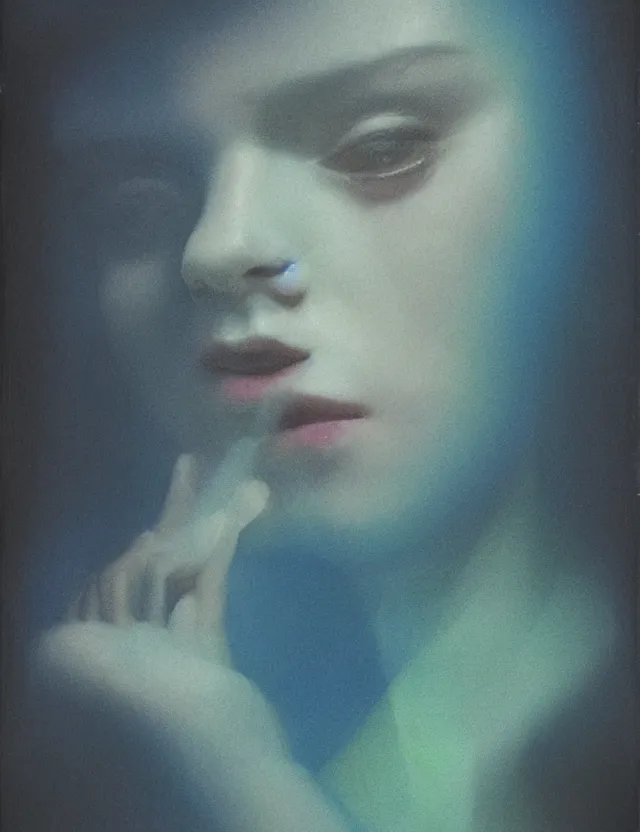 Image similar to woman staring into monitor screen in dark room, blue rays from monitor, redshift, wide shot, coloured polaroid photograph, pastel, kodak film, hyper real, stunning moody cinematography, by maripol, fallen angels by wong kar - wai, style of suspiria and neon demon, david hockney, detailed, oil on canvas