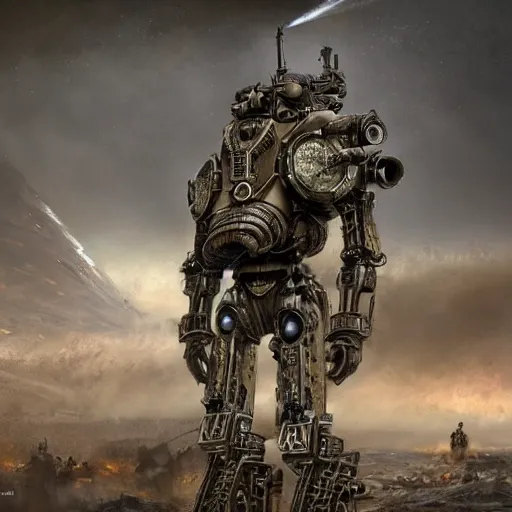 Prompt: gigantic bipedal humanoid war machine standing in a battlefield, steam punk, 70's sci-fi, highly detailed, deep aesthetic, 4k, highly ornate intricate details, cinematic lighting, rich colors, digital artwork, ray tracing,