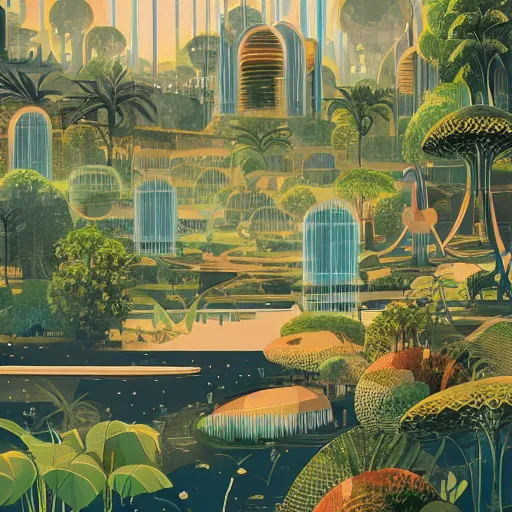 Prompt: beautiful happy picturesque charming organic futuristic sci - fi town in harmony with nature. water and plants. beautiful light. grainy and rough. soft colour scheme. beautiful artistic vector graphic design art by lurid. ( 2 0 2 2 )
