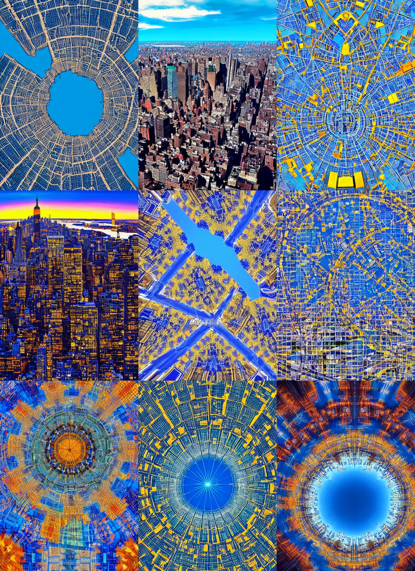 Prompt: new york city with a blue sky in the center, a kaleidoscope effect, rule of thirds, golden ratio