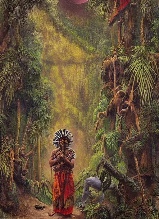 Prompt: a beautiful painted portrait of an indigenous shaman singing in the jungle, matte painting, fantasy art, ayahuasca