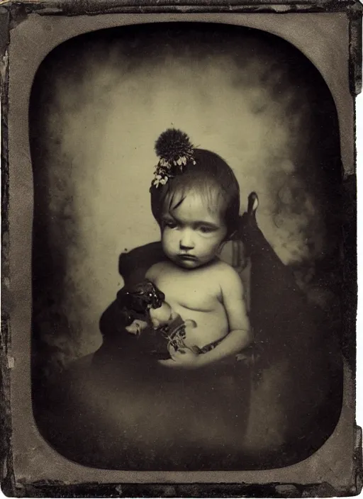 Image similar to old wetplate daguerreotype portrait of baby on mothers womb, explosion of data fragments, fractal, intricate, elegant, highly detailed, parallax, leica, medium format, subsurface scattering, by marie harnett