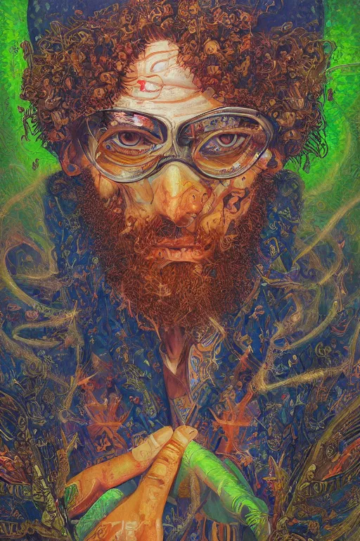 Prompt: a very a high hyper - detailed painting with complex textures of a man mystic metaphysical poet student of alchemy has a war against his ego and a desire for transcendental knowledge, he is a destroyer of the established material and connoisseur of other two different worlds, psychedelic mystic cosmic surreal conceptual magical realism