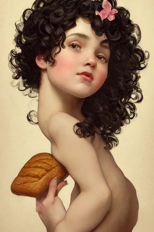 Prompt: beautiful cottagecore of a girl with short black curly hair, round face, cute face, holding a loaf of bread. There's also a black cat on her shoulder. intricate, elegant. highly detailed, digital painting, artstation, concept art, smooth, sharp, focus, illustration. . art by artgerm and greg rutkowski and alphonse mucha