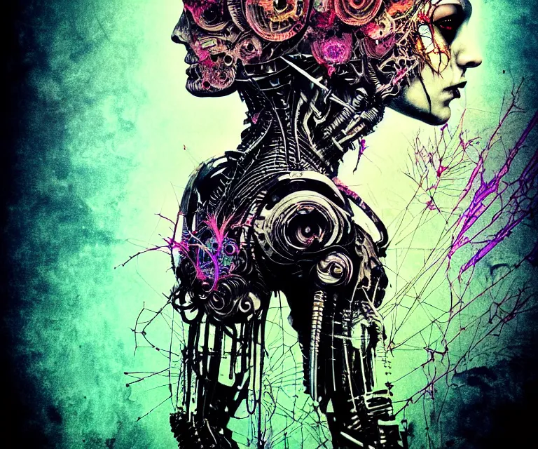 Prompt: gothic mute hybrid cyborg warrior girl, cybor clothes shaping the universe, freedom fighter, eerie, cinematic, epic, 8 k, ultra realistic, rendered by awesomeness. | a psychedelic apocalypse, illustration by albrecht durer, concept art in style of carne griffiths artwork by xsullo. | backround of beautiful floweres floatingby elson, peter kemp, peter