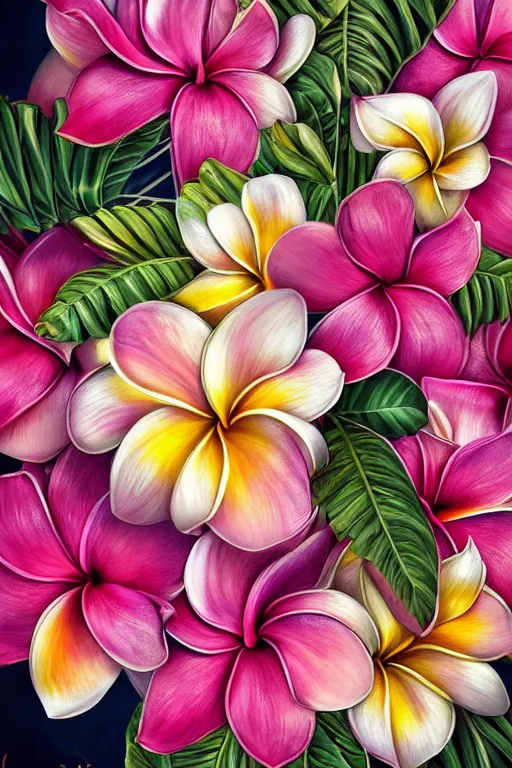 Prompt: ultra realistic illustration, portrait of fatty prime rib, plumeria tropical bouquet background, close up shot, fantasy, intricate, elegant, highly detailed, digital painting, artstation, concept art, smooth, sharp focus, illustration, surrealism