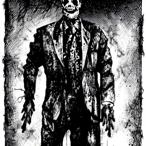 Prompt: creepy horror illustration of Bruce Campbell!!! mutate into greedy zombie pitch black ink on old parchment black and white created by Thomas Kinkade.