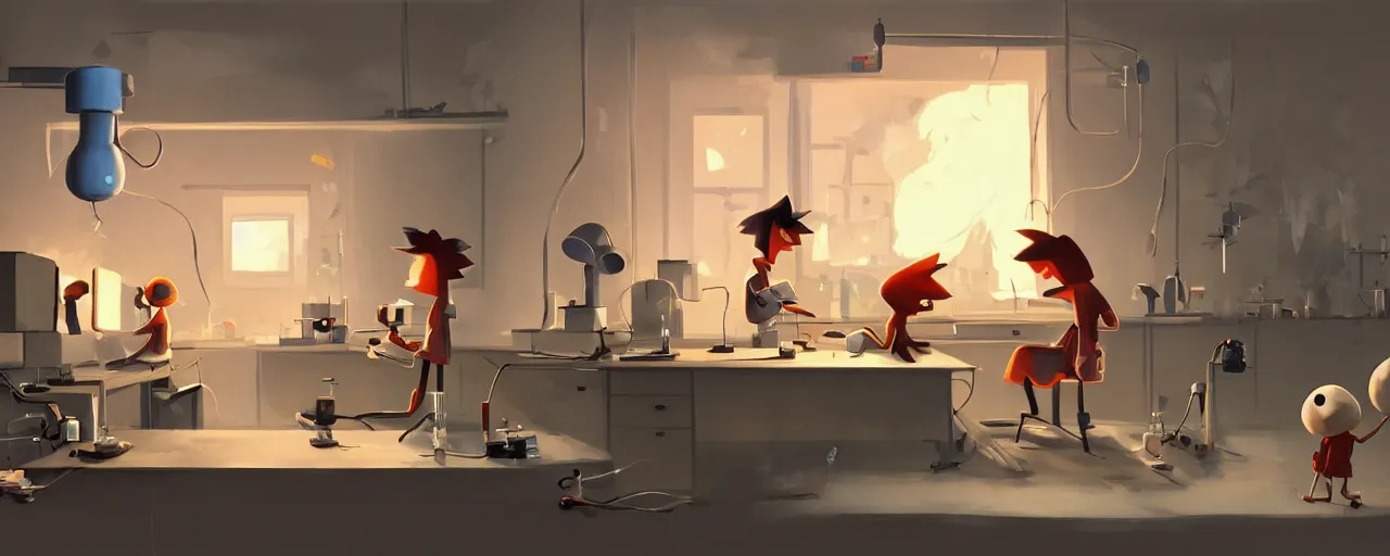 Prompt: goro fujita ilustration a science laboratory in a game dev studio office, explosion in the laboratory fire and smoke, painting by goro fujita, sharp focus, highly detailed, artstation