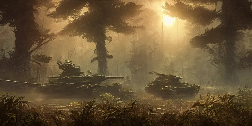 Prompt: guerrillas reed - people fighting giant tank in futuristic spiritual mystical post apocalyptic swampy forest drawn by ron gilbert, dim painterly volumetric aquatic lighting, scenic, beautiful, crisp, artstation, highly detailed