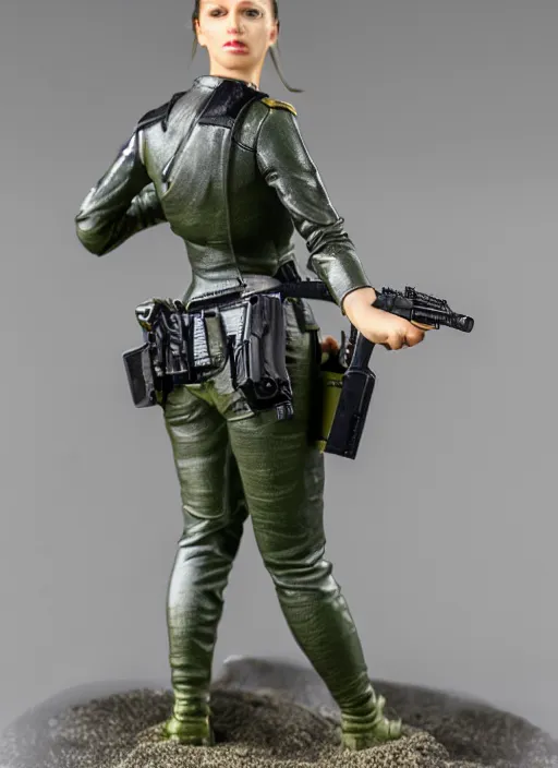 Image similar to Product Introduction Photos, 4K, Full body, 80mm resin detailed miniature of a spy woman with pistol. view from behind