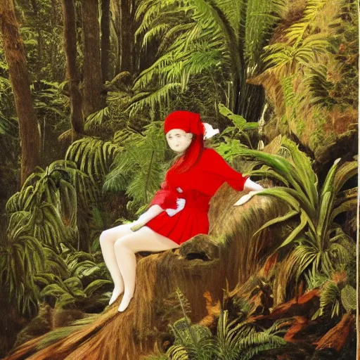 Image similar to a roset conrad of reimu in the jungle wearing bonnet