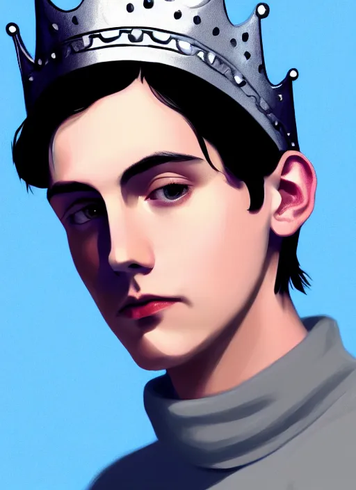 Prompt: portrait of teenage jughead jones wearing a light grey crown, crown, blue turtleneck, 1 9 5 0 s, closed eyes, photorealistic, black hair, glowing lighting, intricate, elegant, glowing lights, highly detailed, digital painting, artstation, concept art, smooth, sharp focus, illustration, art by wlop, mars ravelo and greg rutkowski