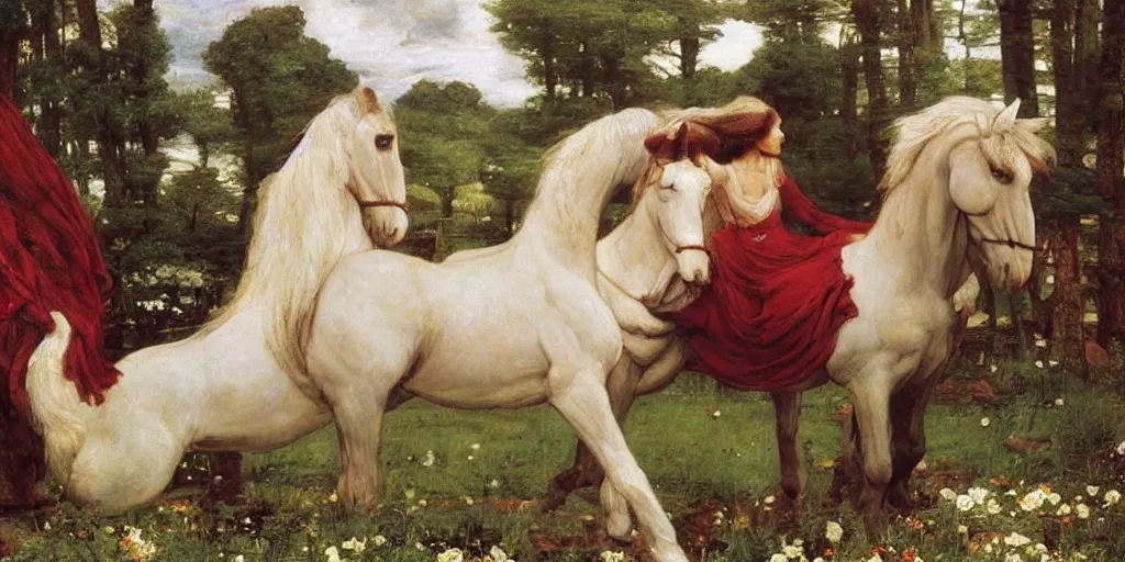 Image similar to 3 d precious moments plush horse, realistic fur, master painter and art style of john william waterhouse and caspar david friedrich and philipp otto runge