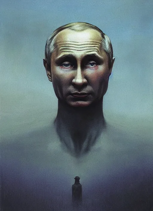 Image similar to Painting in a style of Beksinski featuring Vladimir Putin. Disturbing