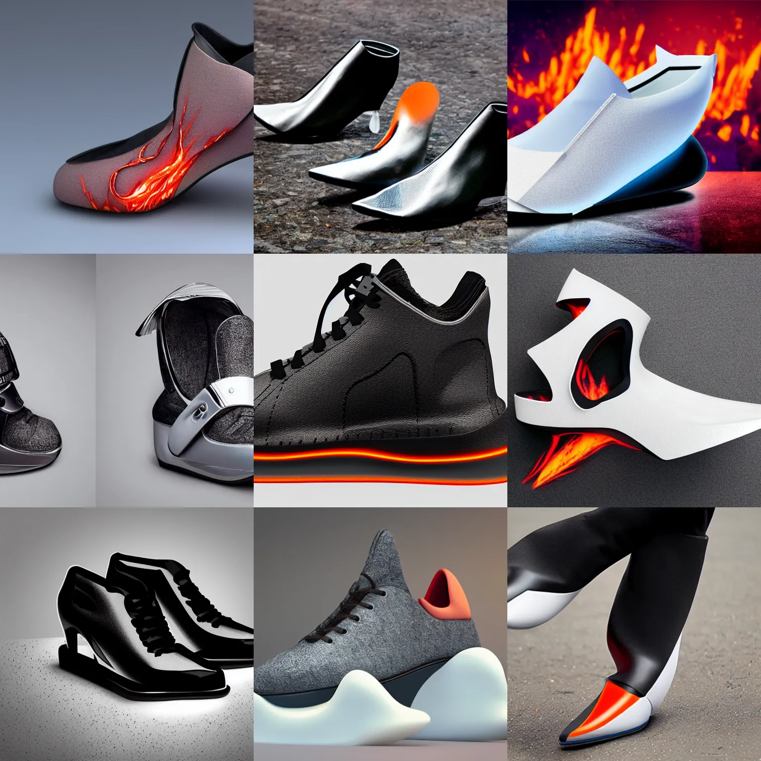 Prompt: Futuristic shoe inspired by volcano studio lightning