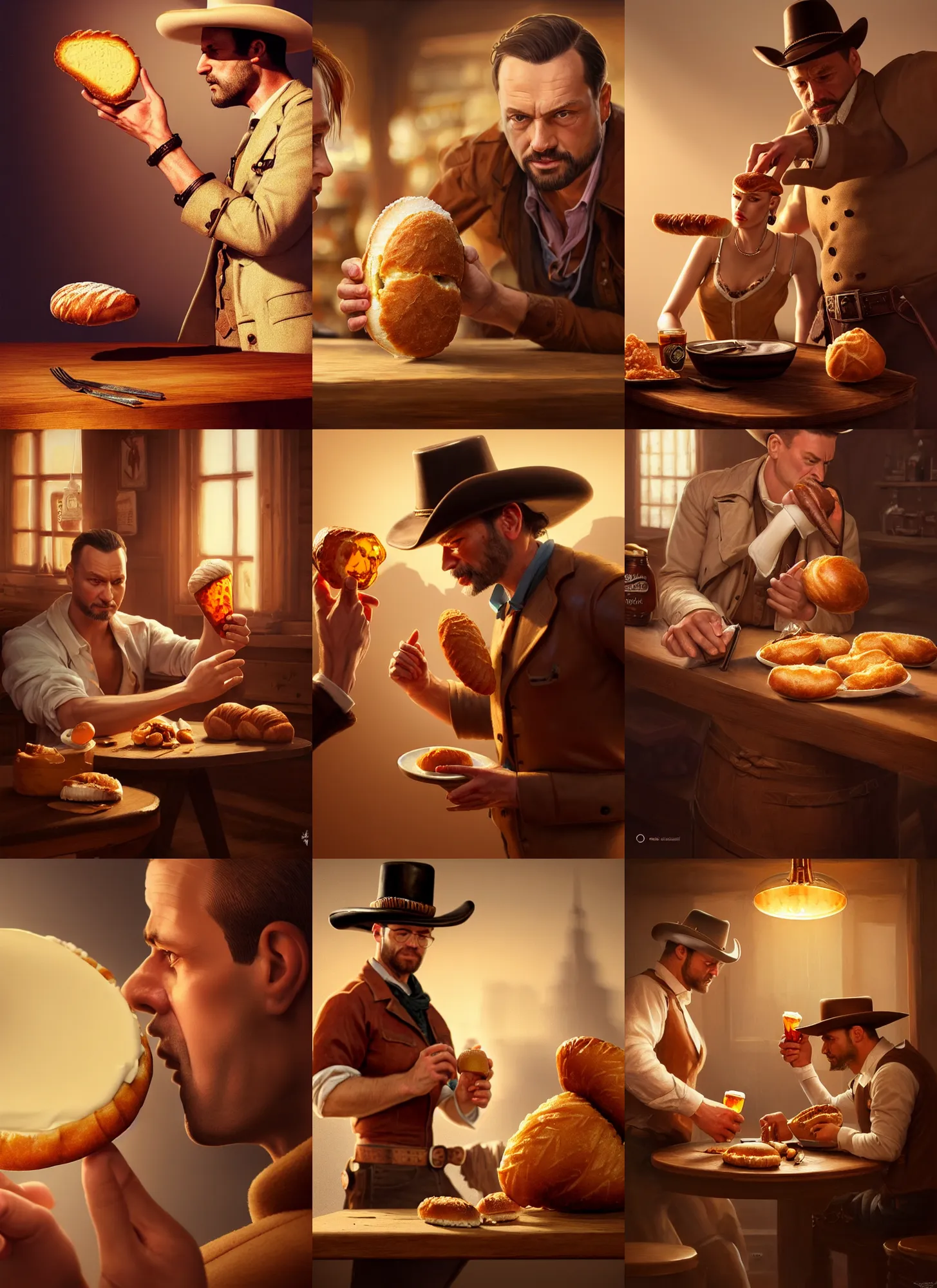 Prompt: jan pawel 2 choosing between a creampie and oscypek with andrzej duda holding an amber ciupaga in wild west, smooth, subtle shadows, fine details, octane render, stunning, intricate, elegant, highly detailed, digital painting, artstation, smooth, sharp focus, raw