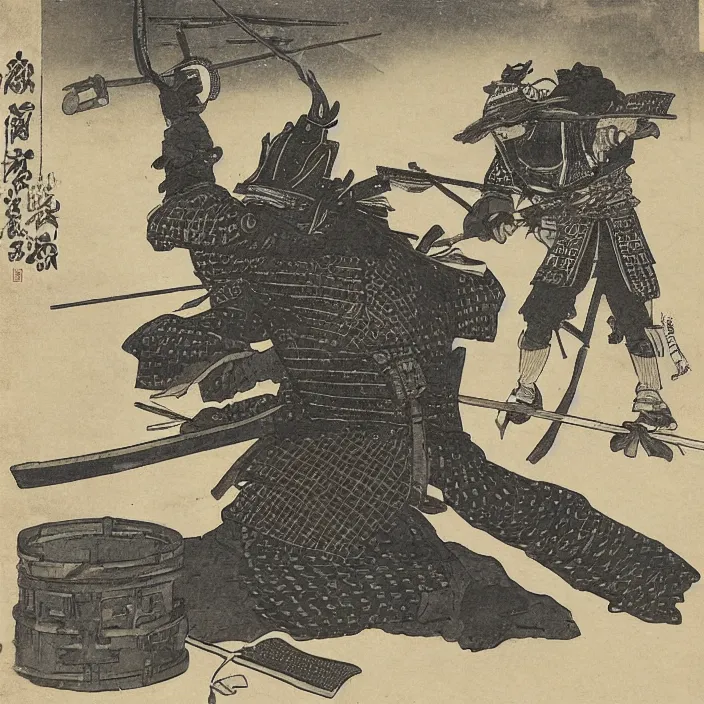 Image similar to a samurai firing a machine gun