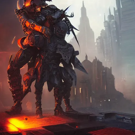 Image similar to enormous male cyberpunk knight wrestling a black knight cyborg, d & d, fantasy, intricate, highly detailed, digital painting, artstation, octane render, concept art, matte, sharp focus, illustration, hearthstone, art by artgerm and greg rutkowski and alphonse mucha