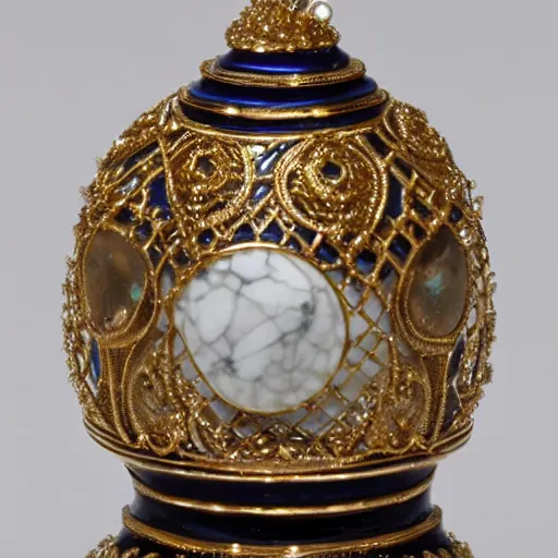 Prompt: a very detailed white marble Fabergé egg adorned with intricate golden lines, and small emerals