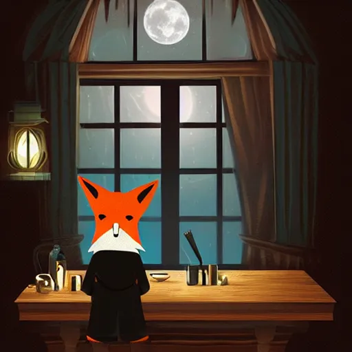 Prompt: humanoid fox detective in an evil restaurant. dark, gothic, moonlight through window. fine art, masterpiece digital painting, 4 k