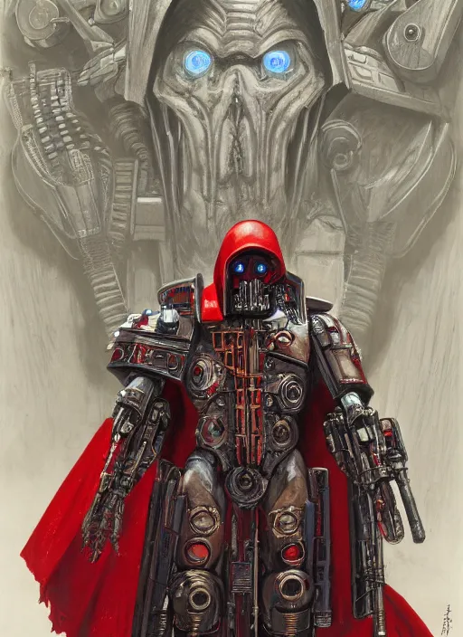 Prompt: portrait of human face adeptus mechanicus in red hood and robe from Warhammer 40000. Highly detailed, artstation, illustration by and John Blanche and zdislav beksinski and wayne barlowe