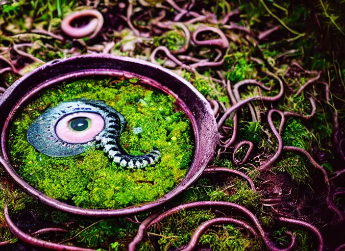 Image similar to dslr photograph of a bowl eldritch horror soup filled with tentacles and eyeballs on a mossy sewer floor, 8 5 mm f 1. 8