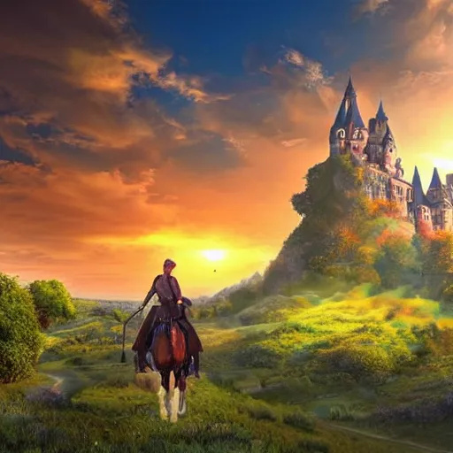 Prompt: a beautiful landscape with a castle, setting sun and a knight on horseback riding towards the viewer via a narrow winding path, epic sky, very realistic and colorful, realism, many details