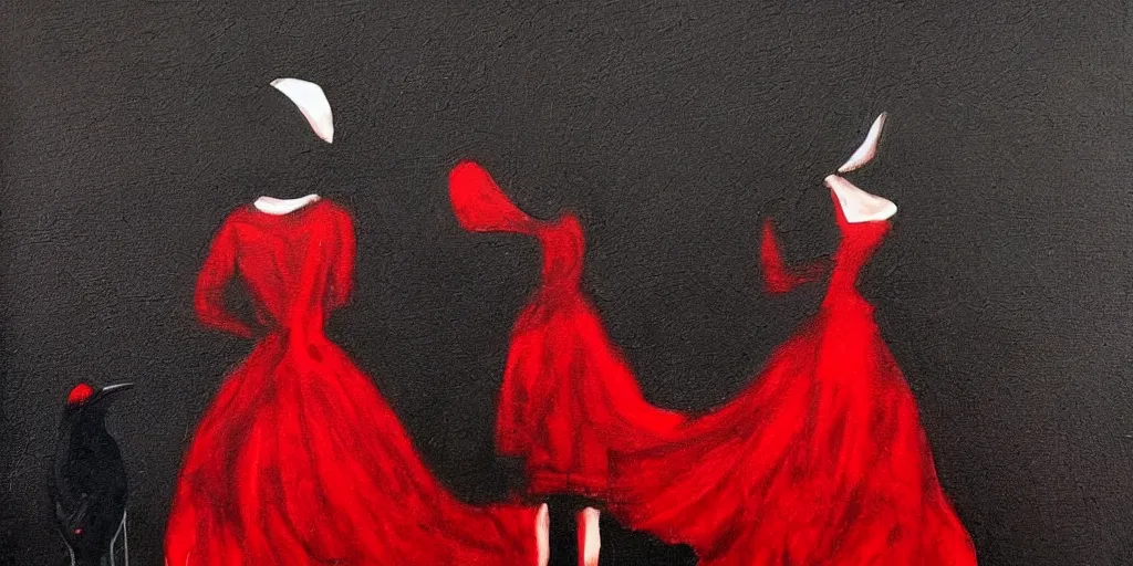 Image similar to painting, very dark, woman in a red dress, faceless, crows