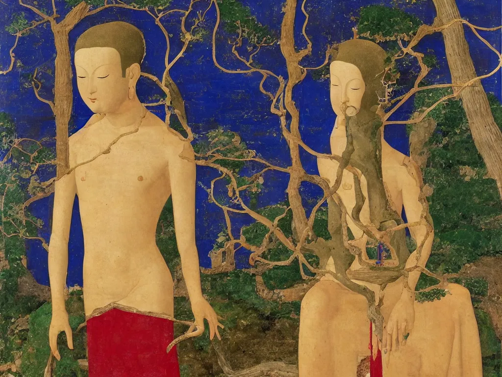 Prompt: portrait of a buddhist deity with cave, dried tree. lapis lazuli, malachite, cinnabar, gold. painting by piero della francesca, balthus, agnes pelton